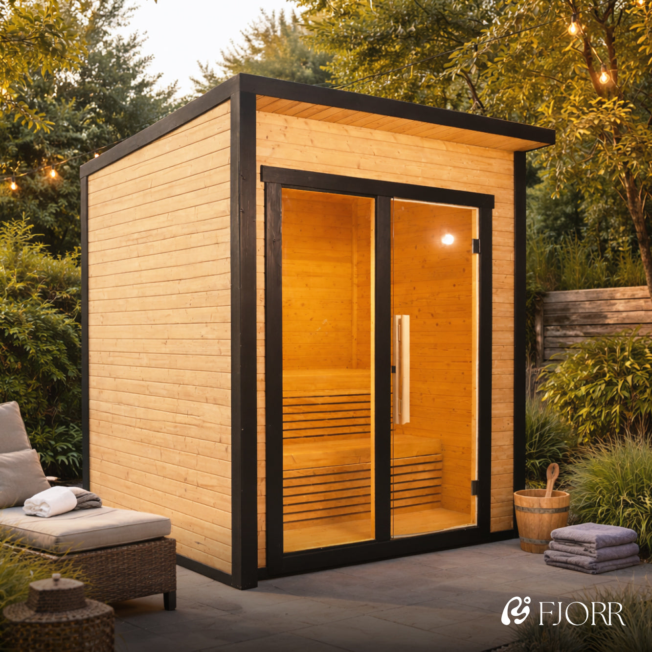 Firkantet sauna i Thermowood med 9kW ovn (6-8 personer)